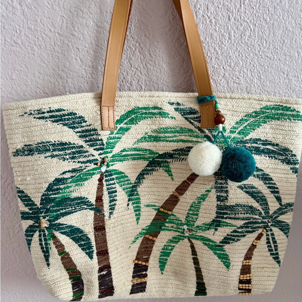 Star Mela Zoie Palm Tree Tote Beach Bag with leather handles - cream & green
